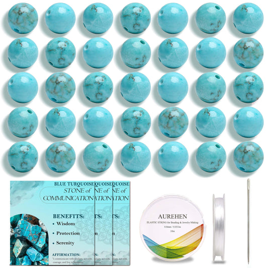 Aurehen Natural Gemstone Beads with Thread Needle Card as Complete Jewelry Making Kit, 120PCS 6mm Genuine Round Loose Energy Stone Spacer Beads, Smooth Healing Crystals for DIY Crafts (Blue Turquoise)
