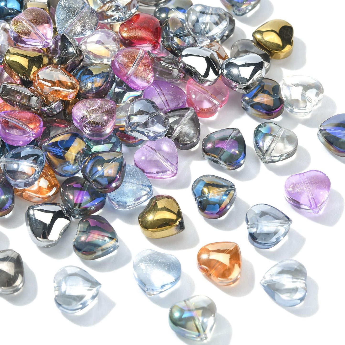UR URlifehall 100 Pcs Heart Electroplate Transparent Glass Beads with Glitter Gold Colorful Heart Shaped Glass Beads for Keychain Jewelry Making