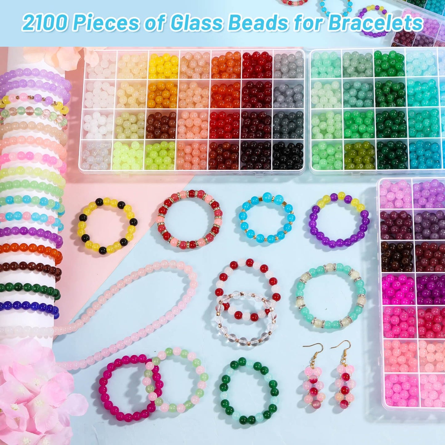shynek 2100 Pieces 8mm Round Glass Beads for Bracelets, 84 Colors Crystal Glass Beads for Jewelry Making and DIY Crafts