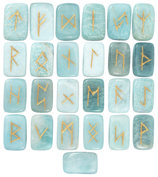 Crocon Amazonite Rectangle Shape Gemstone Runes with Elder Futhark Alphabet Engraved 25 pcs Rune Set Crystal Divination Metaphysical Healing Chakra Reiki Runes Set with a Pouch Size : 20-25mm