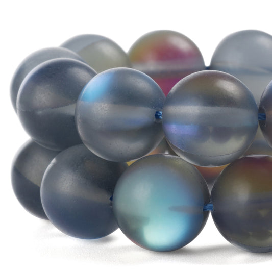 RUBYCA 6mm Round Moonstone Matte Crystal Glass Beads Aura for Jewelry Making Grey, 1 Strand