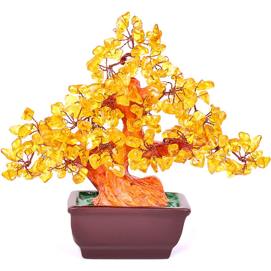AzureLeap Feng Shui Quartz Crystal Money Tree Bonsai Style Decoration for Luck and Wealth (Yellow)