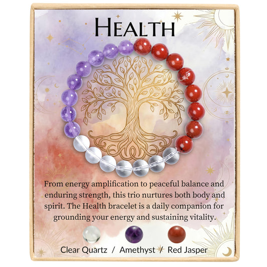 Bivei Health Bracelet, Strength Crystal Healing Bracelet 8MM with Clear Quartz & Amethyst & Red Jasper - Spiritual Stretch Beaded Jewelry for Women Men Gift