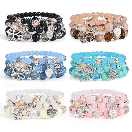 Bohemian Bracelet Sets for Women - 6 Sets Stackable Stretch Bracelets Multi-color Boho Jewelry for Women Hippie Bracelets Dainty Jewelry (Lucky grass stretch bracelet)