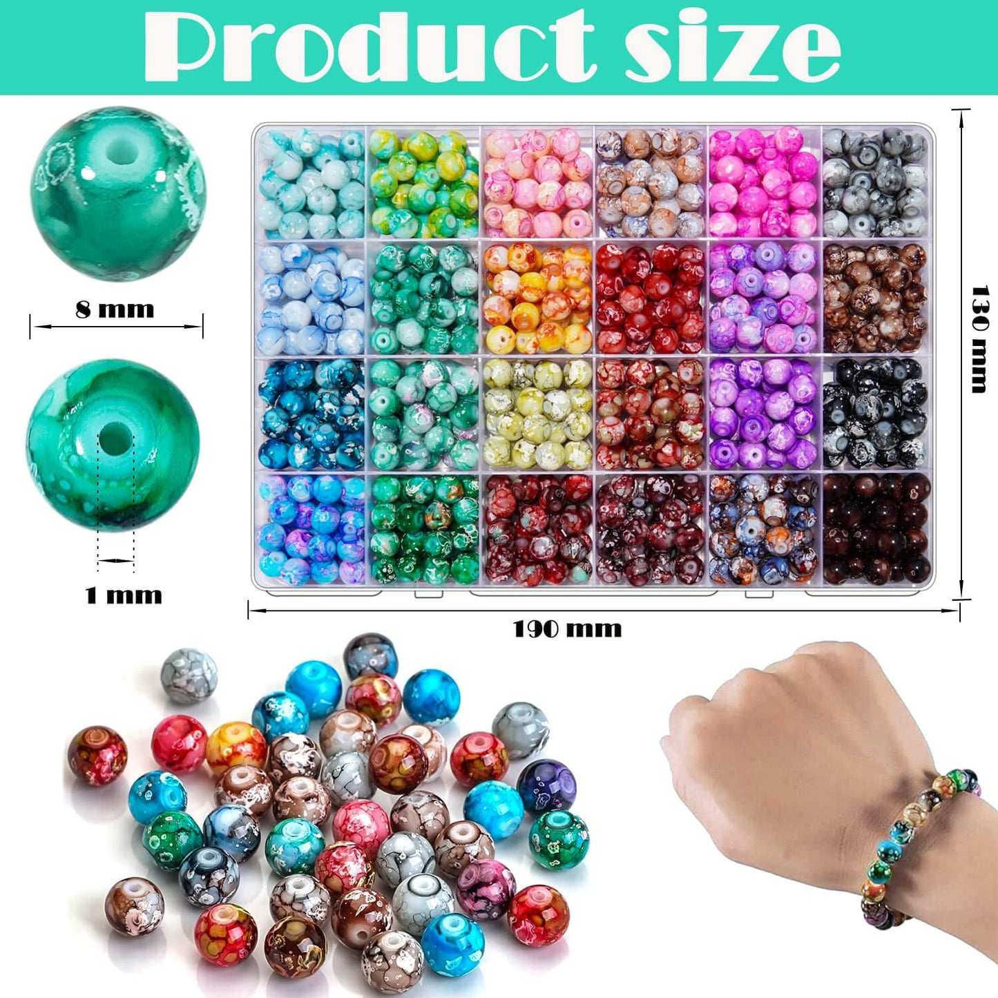 Glass Beads for Jewelry Making, 600pcs 8mm Glass Crystal Pattern Beads 24 Colors Snowflake Marble Gemstone Beads Imitation Jade Craft Charms for DIY Earrings Necklace Bracelet (Snowflake Crystal Bead)