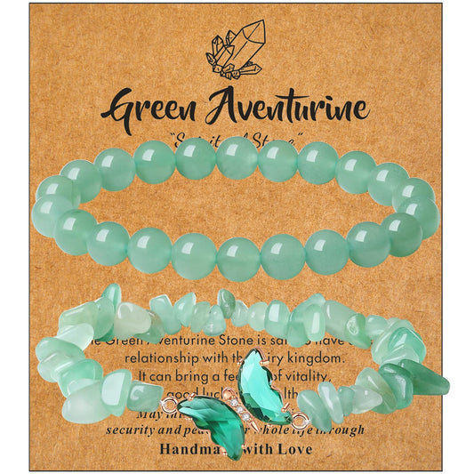DUQGUHO 2Pcs Green Aventurine Bracelet for Women Butterfly Bracelet Gift for Women Healing Crystal Bracelet Natural Green Aventurine Jewelry 8mm Green Crystal Beaded Bracelet Gift for Birthday
