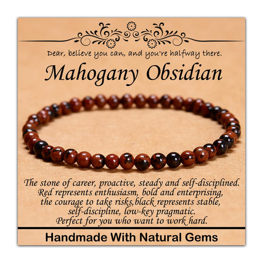 CHCCOYE 4mm Natural Healing Gemstone Bracelet Handmade Yoga Stretch Elastic Bracelet Stress Relief Crystal Jewelry for Men and Women (4mm,Mahogany Obsidian)