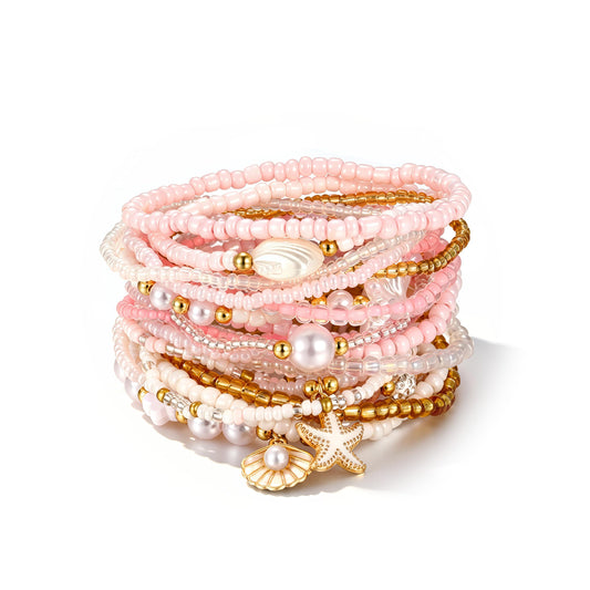 FAXHION Boho Gold Beaded Bracelets for Women, Starfish & Shell Pendant Bracelet Stack, Pink Bracelet Set Summer Beach Jewelry Gifts