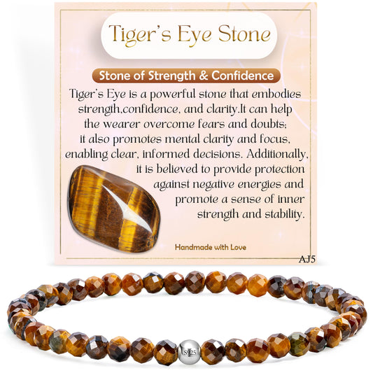 Farfume Tiger's Eye Stone - Strength & Confidence - Beaded Bracelets for Women,Handmade Natural Stone 4mm Beads 925 Sterling Silver Stretch Bracelets, Chakra Crystal Gemstone Jewelry Gifts for Mom