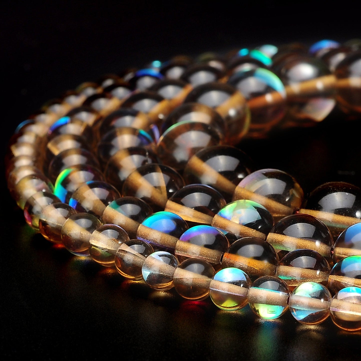 RUBYCA Round Moonstone Crystal Glass Beads Aura Iridescent for Jewelry Making (1 Strand, 6mm, Brown)