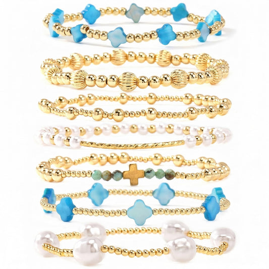 SHINUS BOHO 14K Gold Beaded Blue Clover Stackable Bracelets for Women,7PCS/Set Boho Cross Pearl Beads Stretch Bracelets Stack Fashion Holiday Birthday Prom Jewelry Accessories Gift Friendship Sister