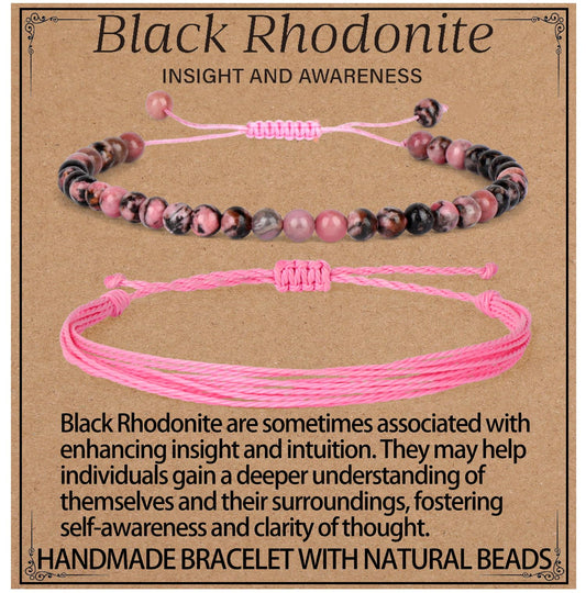 LPBeads 4mm Pink Black Rhodonite Bracelet with Handmade Rope Bracelet Size Adjustable Natural Stone Crystal Healing Bracelets Gifts for Unisex Adults