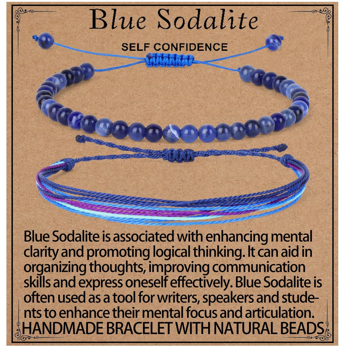 LPBeads 4mm Blue Sodalite Bracelet with Handmade Rope Bracelet Size Adjustable Natural Stone Crystal Healing Bracelets Gifts for Unisex Adults