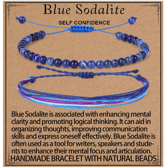 LPBeads 4mm Blue Sodalite Bracelet with Handmade Rope Bracelet Size Adjustable Natural Stone Crystal Healing Bracelets Gifts for Unisex Adults