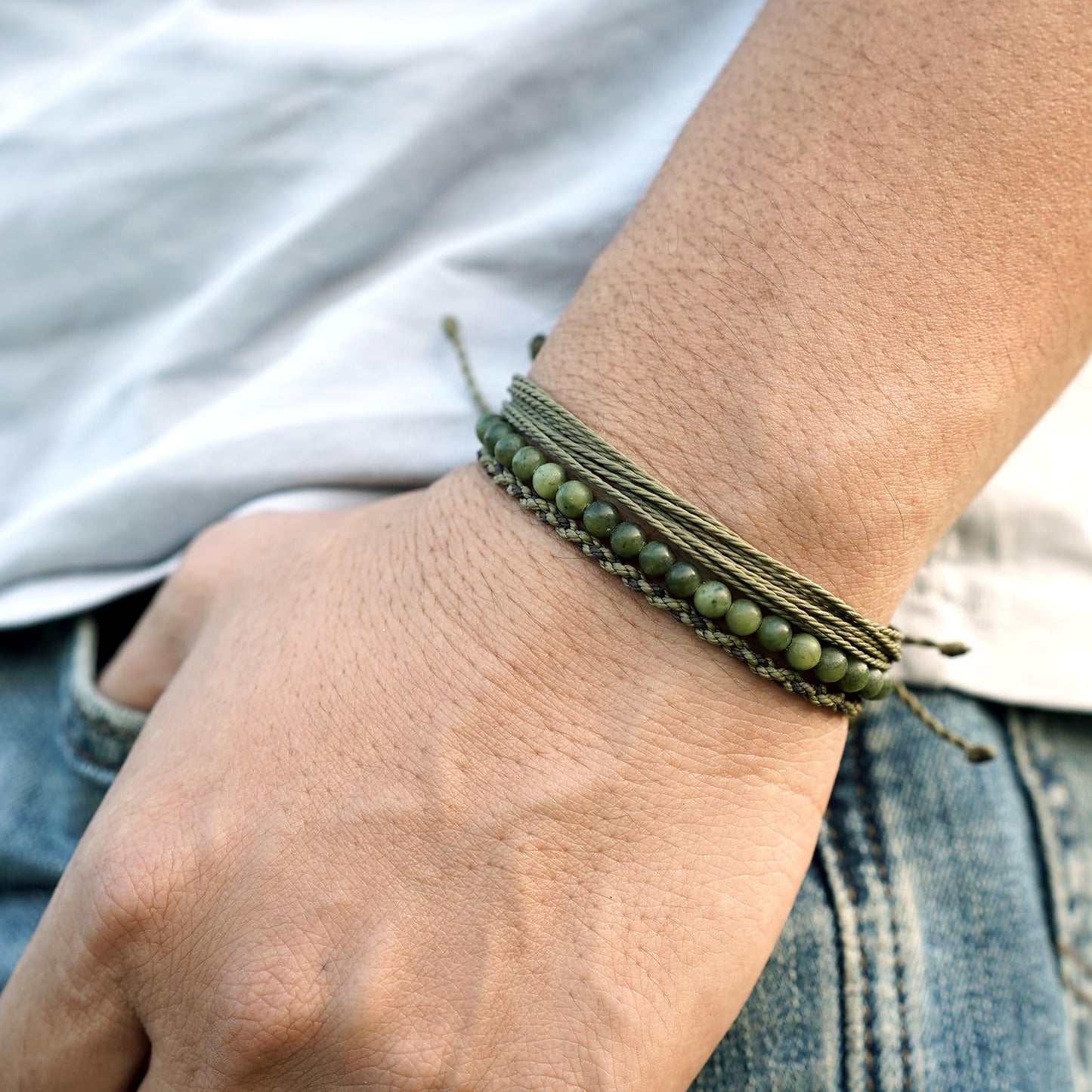 Handmade Natural Stone Beaded Healing Bracelet Gift for Men Adjustable Rope String Bracelet (Southern jade, Adjustable)