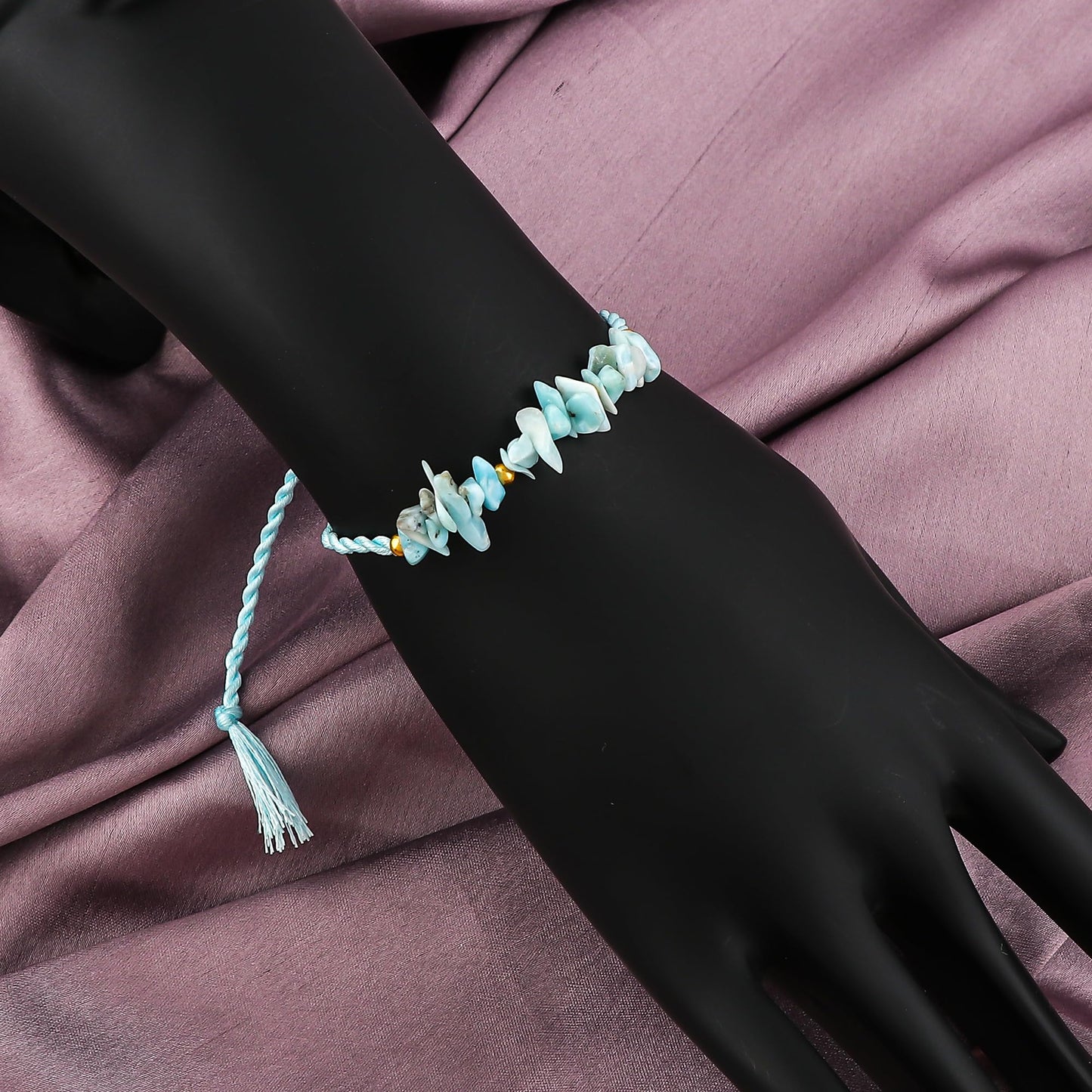 GEMSYMPHONY Larimar Gemstone Chips Rope Bracelet – Adjustable Handmade Crystal Chip Bead Bracelet for Women & Men, Natural Stone Healing Jewelry, Boho Style, Unisex Spiritual Gift (Larimar)