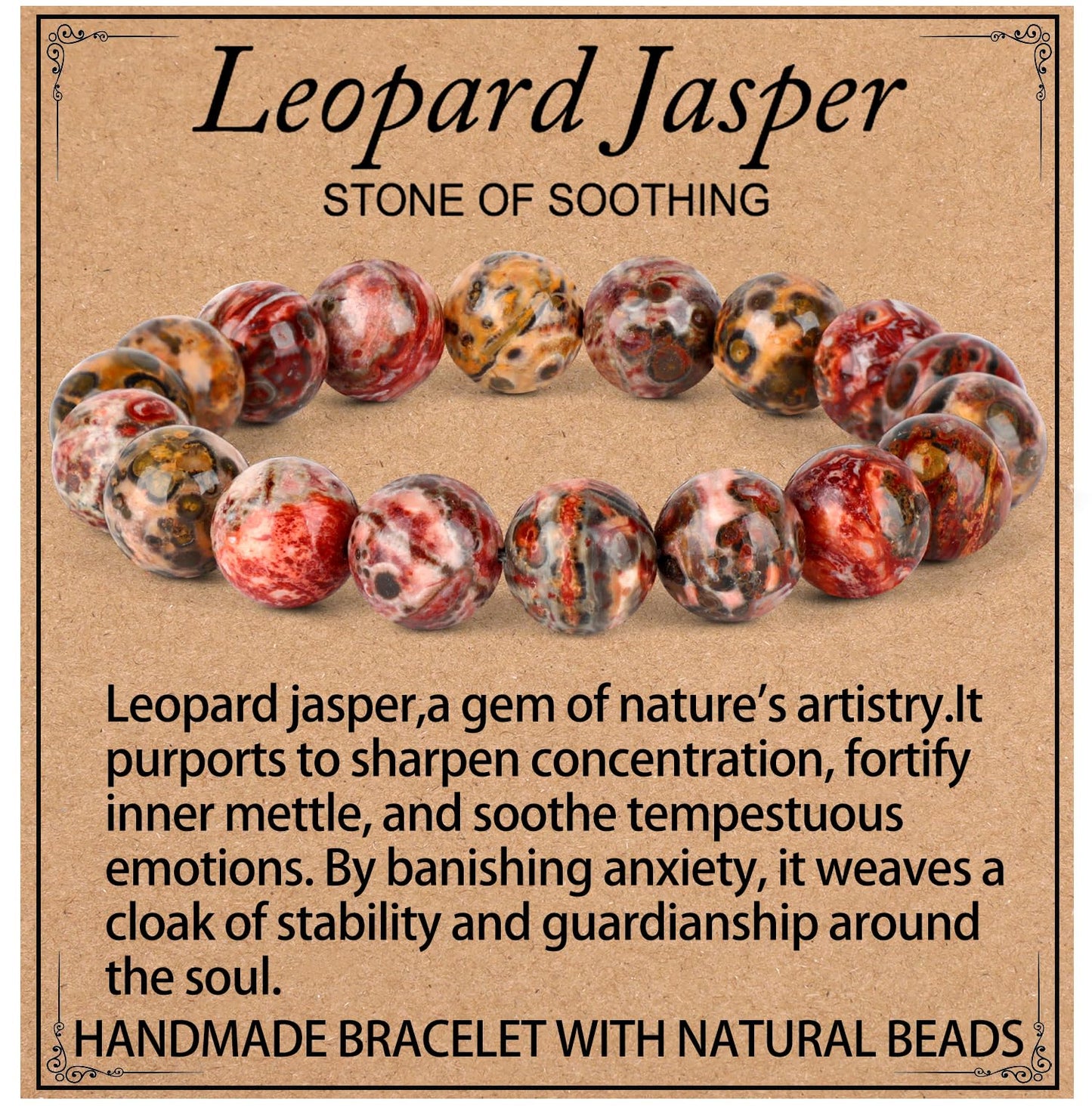 LPBeads Handmade Natural Gemstone Stretch Elastic 10mm Leopard Jasper Bracelet Healing Crystal Round Stone Beads Jewelry Gifts for Women Men