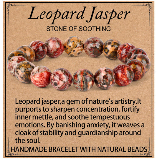 LPBeads Handmade Natural Gemstone Stretch Elastic 10mm Leopard Jasper Bracelet Healing Crystal Round Stone Beads Jewelry Gifts for Women Men