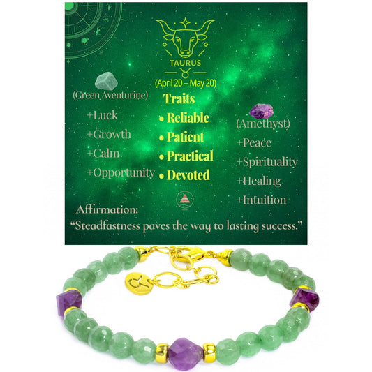 Ayriwoyi Taurus Zodiac Bracelet for Women Healing Crystal Tiny Beads Birthstone Bracelet Green Aventurine Amethyst Beaded Stone bracelet Inspirational Constellation Gifts