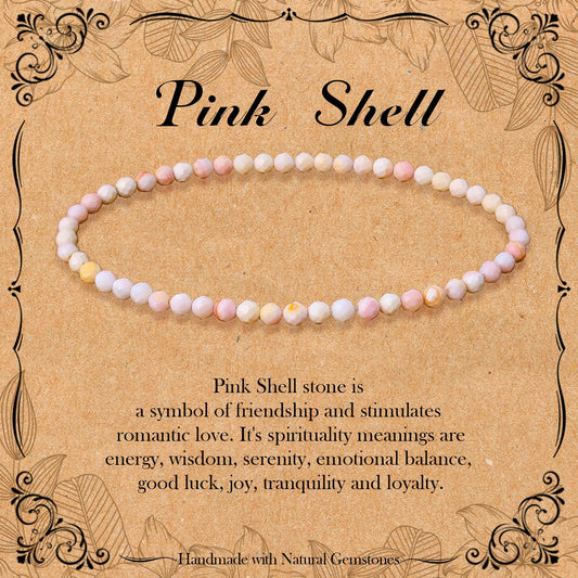 BONNY BOXX Natural Genuine Gemstone Faceted Round Beads Bracelets, 3mm Adjustable Stretchy Tiny Faceted Pink Shell Bracelet, Healing Crystal Reiki Chakra Dainty Jewelry Fashion Gifts