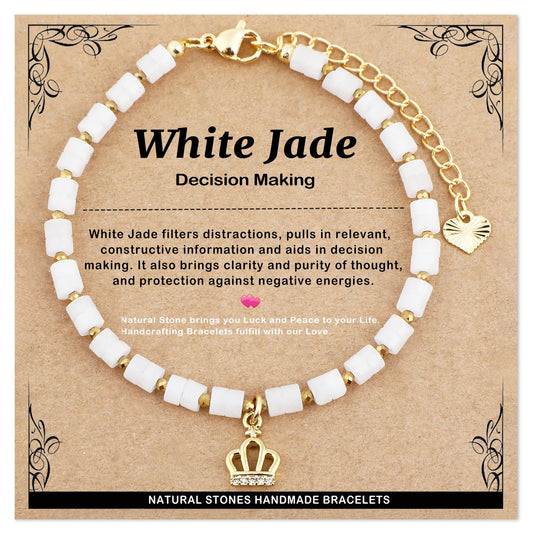 Natural Gemstone Healing Crystal White Jade Dainty Charms Crown Bracelet Adjustable Chain Extender Minimalist Jewelry