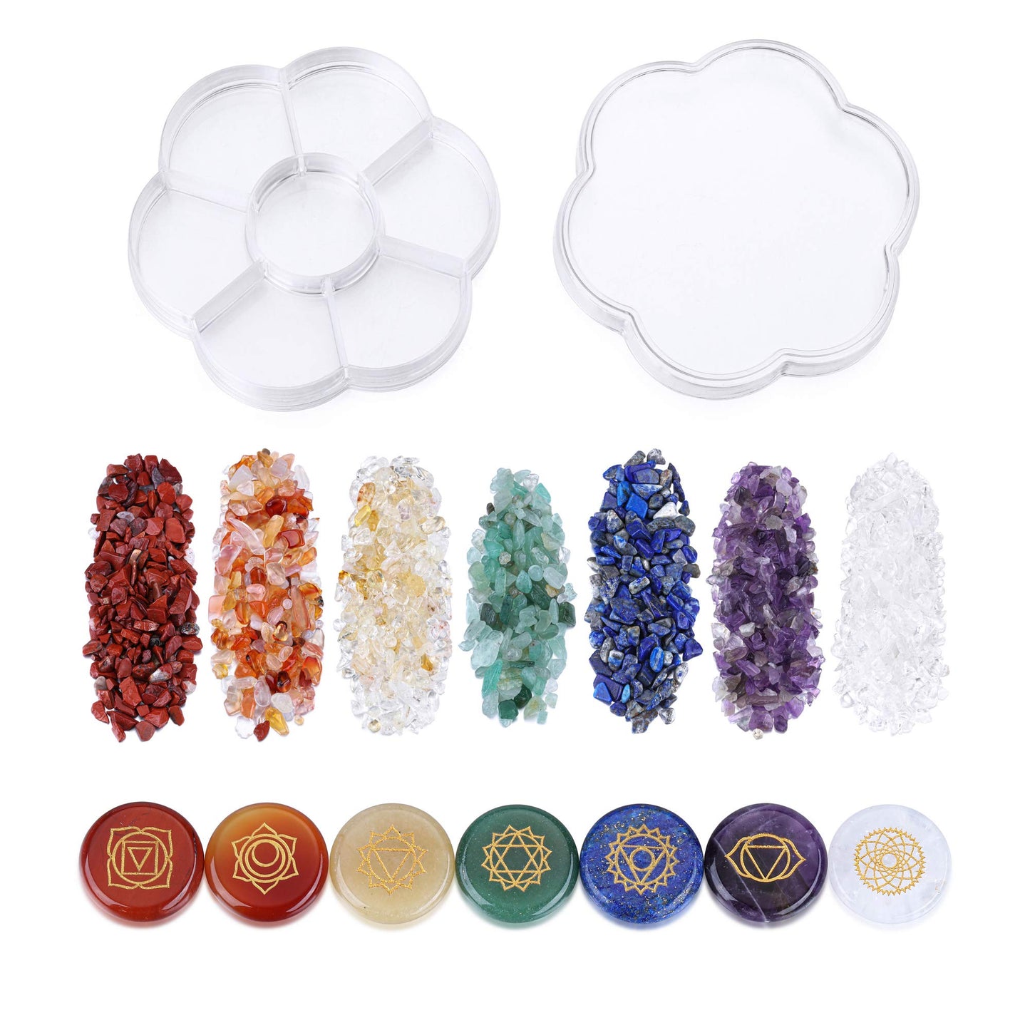 CrystalTears 7 Chakra Crystal Stones Natural Reiki Healing Crystals Gemstones with Engraved Chakra Symbol Tumbled Polished Chakra Stone Kit for Meditation Crystal Therapy Gift for Christmas