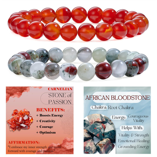 Bivei 2-Piece 8mm Beaded Bracelets for Women – Carnelian, African Bloodstone – Handmade Natural Crystal Stretch Elastic Jewelry for Meditation, Yoga, Protection Gifts