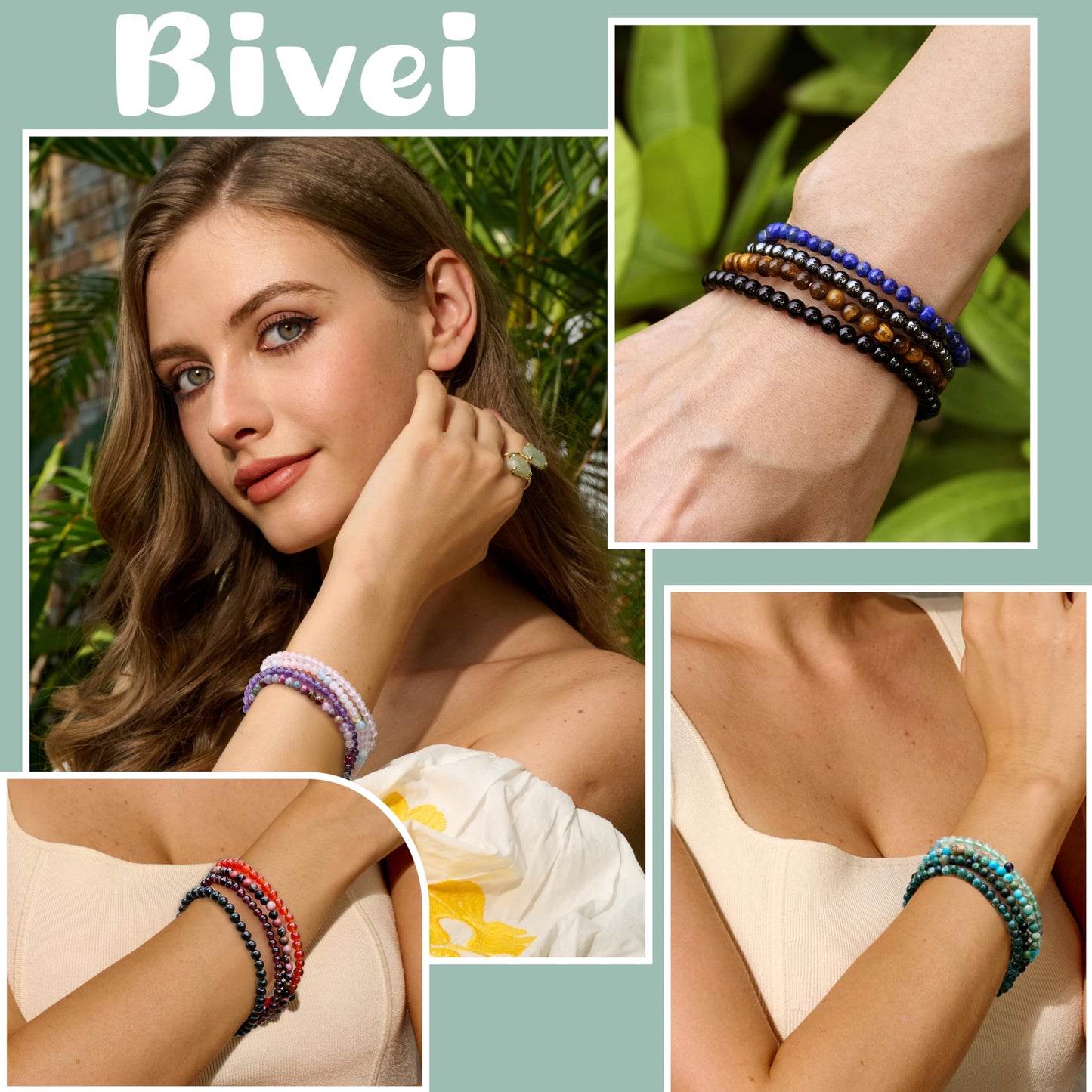 Bivei Rhodonite - Healing - 4mm Beaded Bracelets for Women Handmade Semi Precious Natural Stone Stretch Elastic Jewelry Yoga Protection Gifts Small