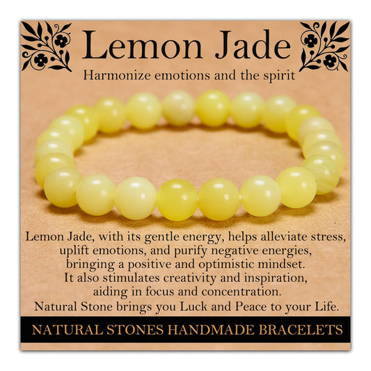 Handmade Natural Gemstone Elastic Bracelet - Healing Crystal Beads Jewelry, Unisex (Lemon Jade, 8mm)