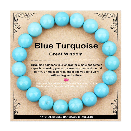 AD Beads 10mm Handmade Blue Turquoise Elastic Bracelet – Natural Gemstone for Great Wisdom – Meditation, Yoga, Healing and Energy Gift for Men Women