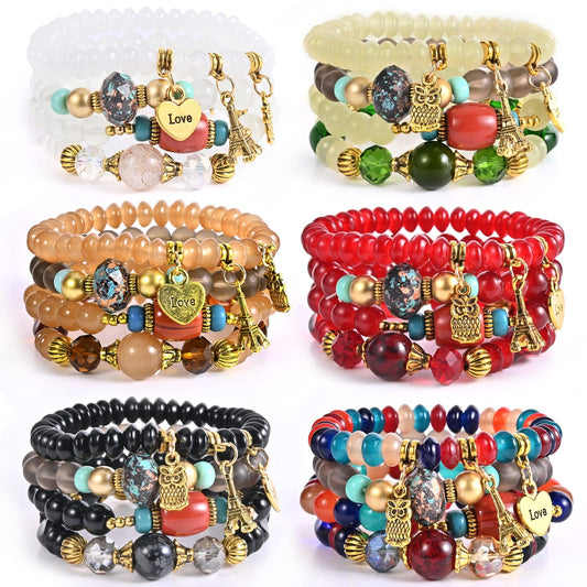 Bohemian Bracelet Sets for Women - 6 Stackable Stretch Bracelets Multi-color Boho Jewelry Hippie Dainty Best Friend Gift (Owl charm stretch bracelet set)