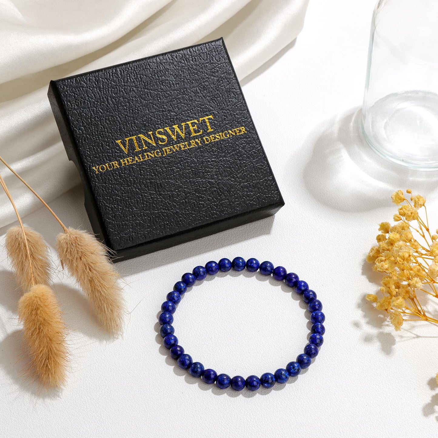 Vinswet Healing Crystal Bracelets for Women Men 6mm Lapis Lazuli Natural Stone Beaded Stretch Bracelet Handmade Gemstone Reiki Spiritual Jewelry Gifts