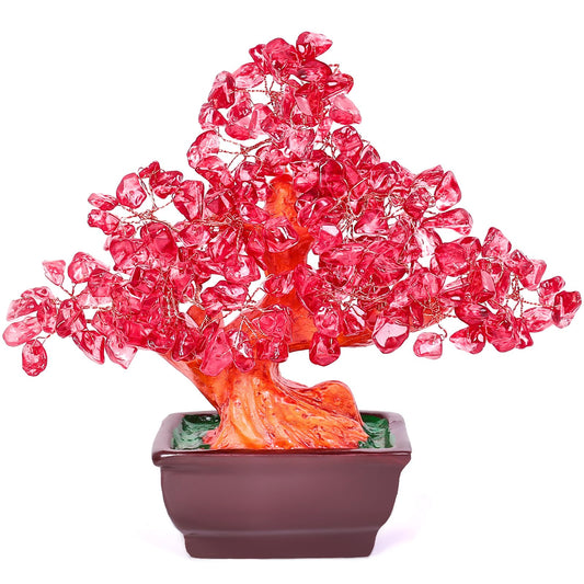 AzureLeap Feng Shui Quartz Crystal Money Tree Bonsai Style Decoration for Luck and Wealth (Red)