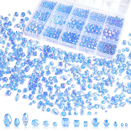 Laopottbeads 1500 Pcs Crystal Glass Beads for Jewelry Making – 12 Styles Bicone, Rondelle, Cube, Teardrop & 3mm Spacer Beads, DIY Bracelet Necklace Earring Craft Kit with Organizer Box(Blue)