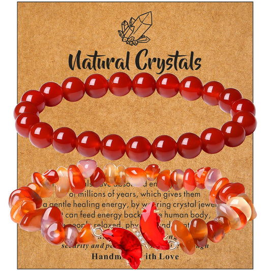 DUQGUHO 2Pcs Red Carnelian Bracelet for Women Butterfly Bracelet Gift for Women Healing Crystal Bracelet Natural Red Agate Jewelry 8mm Red Crystal Beaded Bracelet Gift for Birthday