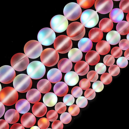 Matte Red Aurora Crystal Glass Beads, 8MM Frosted Glitter Shining Mermaid Round Loose Beads, Rainbow Holographic Synthetic Moonstone for Jewelry Making DIY Bracelet