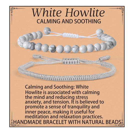 LPBeads 6mm White Howlite Bracelet with Handmade Rope Bracelet Size Adjustable Natural Stone Crystal Healing Bracelets Gifts for Unisex Adults
