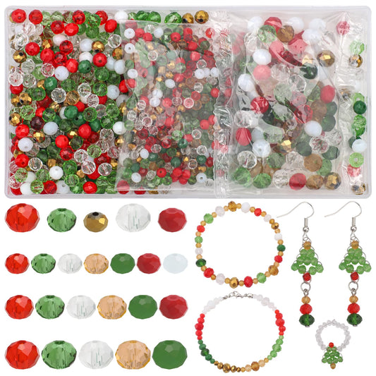 KINGSHINE 1000pcs Christmas Glass Beads for Jewelry Making Briolette Rondelle Beads Assorted Crystal Beads Loose Spacer Bead for DIY Crafts Bracelets Necklaces Earrings and Christmas Decorations