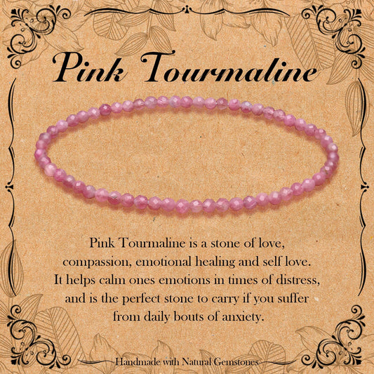 BONNY BOXX Natural Genuine Gemstone Faceted Round Beads Bracelets, 3mm Adjustable Stretchy Tiny Faceted Pink Tourmaline Bracelet, Healing Crystal Reiki Chakra Dainty Jewelry Fashion Gifts
