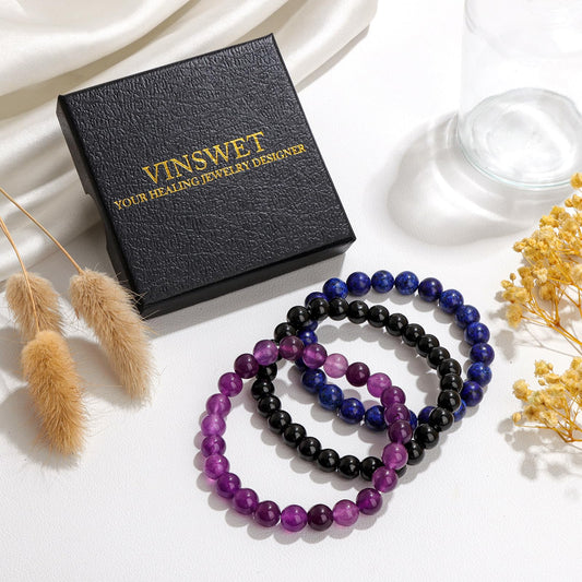 Vinswet Healing Crystal Bracelets for Women Men 8mm Amethyst Lapis Lazuli Black Obsidian Natural Stone Beaded Stretch Bracelet Handmade Gemstone Stress Relief Reiki Spiritual Jewelry Gifts