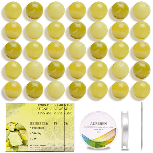 Aurehen Natural Gemstone Beads with Thread Needle Card as Complete Jewelry Making Kit, 120PCS 6mm Genuine Round Loose Energy Stone Spacer Beads, Smooth Healing Crystals for DIY Crafts (Lemon Jade)