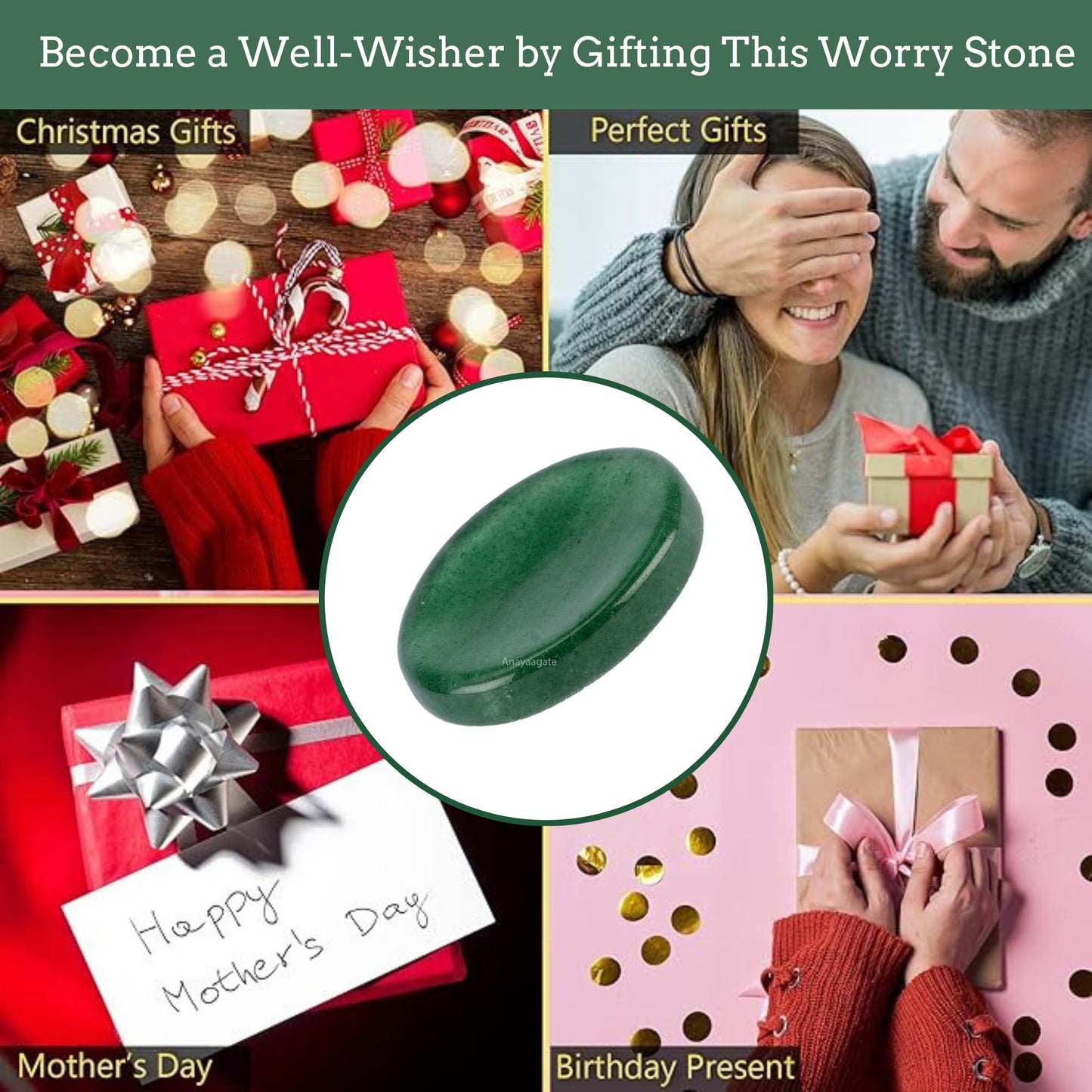 Anaya Agate Green Strawberry Worry Stones Certified Crystal Thumb Worry Stone for Anguish, Relaxing and Soothing Balance Stones for Meditation, Stress Relief Crystals and Healing Stones for Men, Women