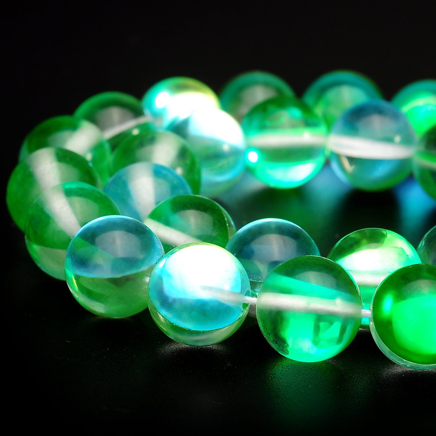 RUBYCA Round Moonstone Crystal Glass Beads Aura Iridescent for Jewelry Making (1 Strand, 12mm, Green)