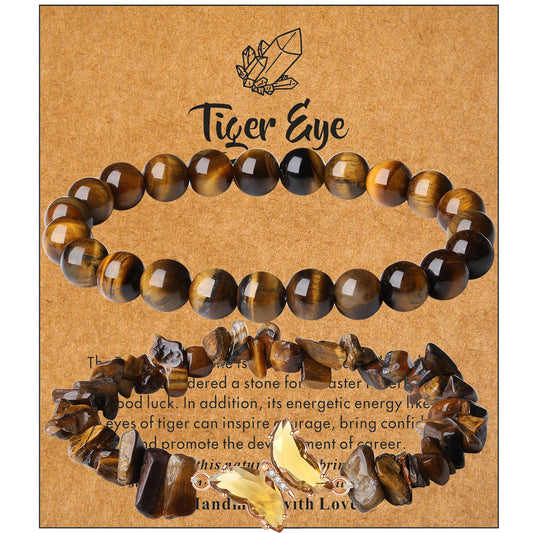 DUQGUHO 2Pcs Butterfly Bracelets for Women, Tigers Eye Bracelets, Healing Crystal Bracelet, Natural Tiger Eye Crystal Jewelry, 8mm Brown Beaded Bracelet, Gifts for Women