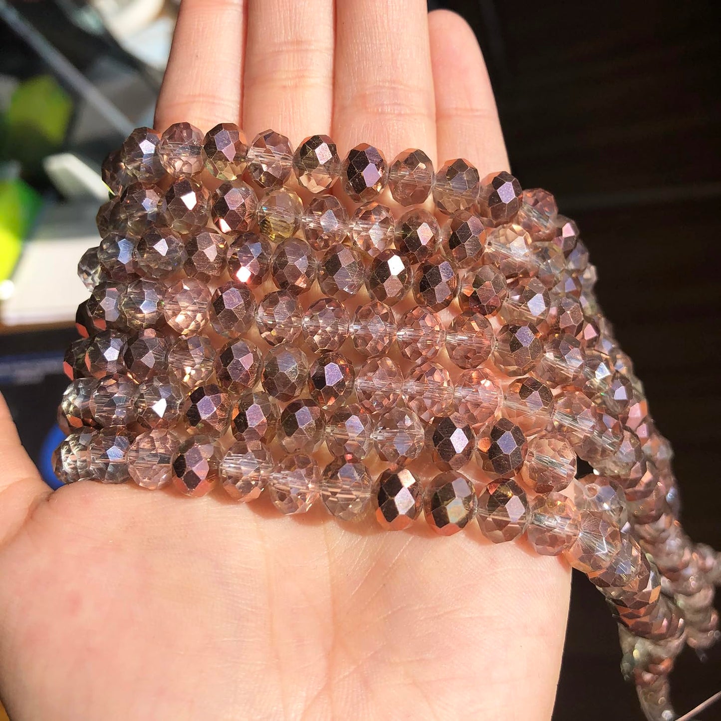 NITOPUPU 300pcs 8mm Crystal Glass Beads for Jewelry Making Faceted Rondelle Flat Beads for Bracelets Necklace Earrings DIY Crafts (Brown Flat Half-Plated Crystal Bead)
