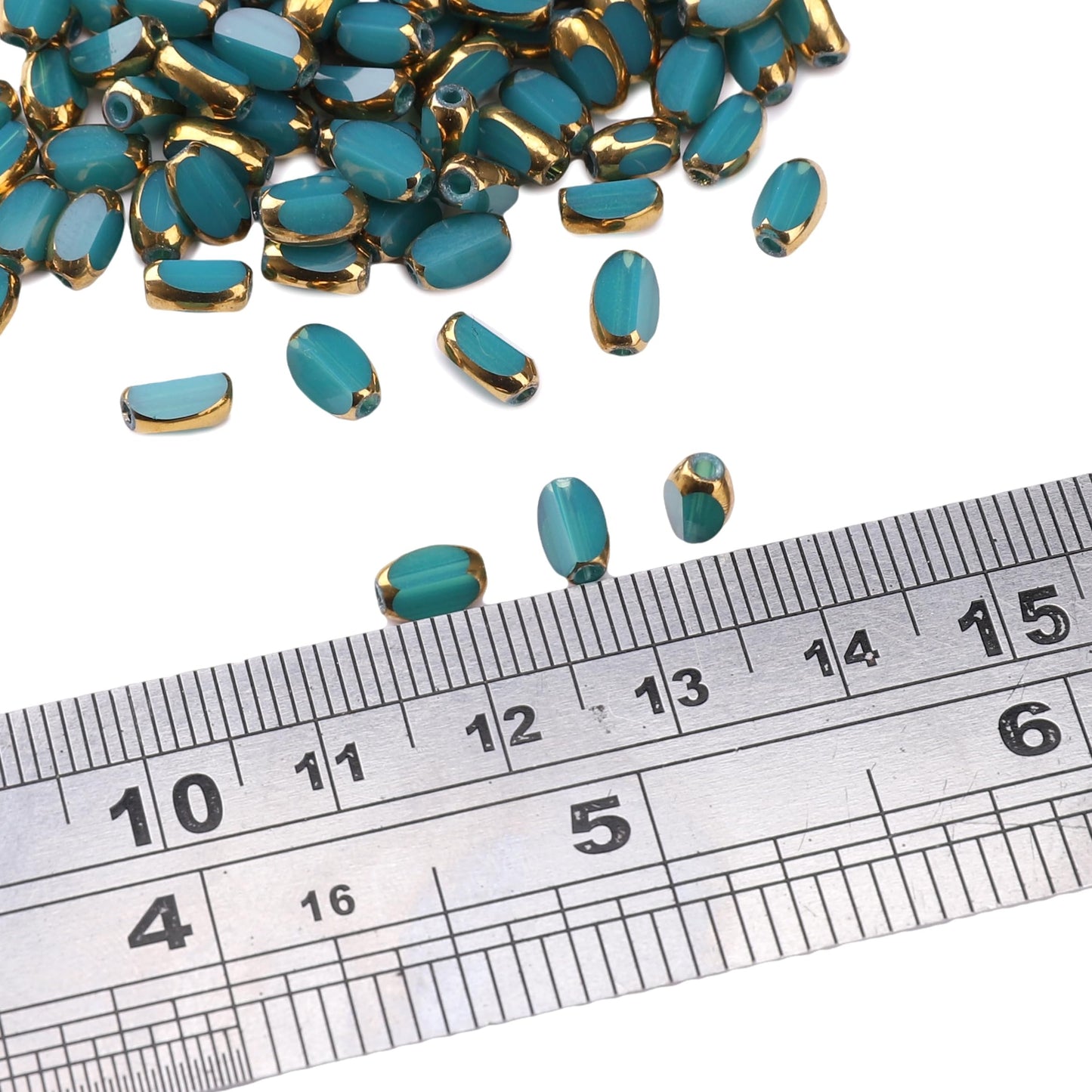 DADIFEN Glass Rice Beads Peacock Blue 4x6mm 50pcs Faceted Oval Golden Edge Crystal Loose Beads for DIY Craft Jewelry Making