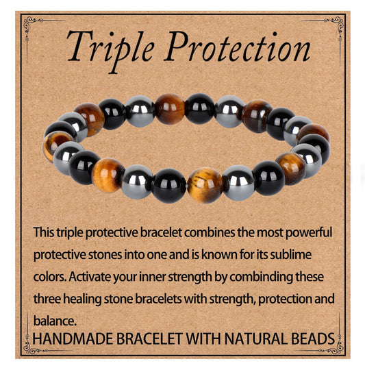 LPBeads Handmade Natural Gemstone Stretch Elastic 8mm Onyx Tiger Hematite Mixed Stone Bracelet Healing Crystal Round Stone Beads Jewelry Gifts for Women Men