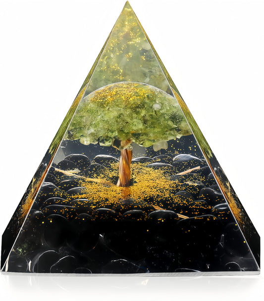 EternalOrgone Tree of Life Orgone Pyramid for Positive Energy, Orgonite Peridot&Obsidian Healing Crystal for Reduce Stress Chakra Reiki Healing Meditation Attracts Lucky and Success