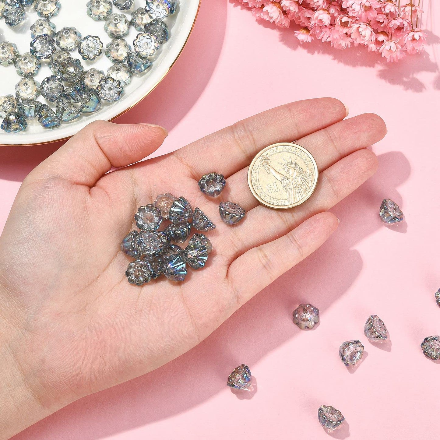 LiQunSweet 100 Pcs Transparent Crystal Glass Beads AB Color Plated Flower Lotus Pod Beads for Jewelry Making Bracelets Necklace Earrings
