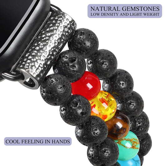 Chakra Healing Bracelet Lava Rock Protection Hamsa Hand Beaded Band Compatible with Apple Watch 10 9 8 7 SE 6 5 4 3 iwatch 38mm 40mm 42mm 44mm with Stainless Steel Adapter